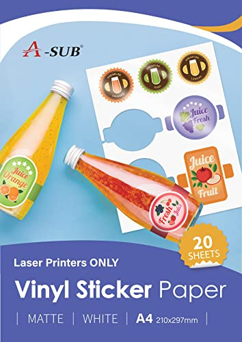 A-SUB White Matte Premium Waterproof Printable Vinyl Sticker Paper, Self-Adhesive Vinyl Labels for Laser Printers, A4 Size, 20 Sheets