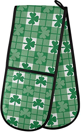 Double Oven Glove Green Plaid Shamrocks Heat Resistant Double Ovens Mitt Modern Cooking Gloves Potholders
