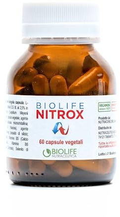 BIOLIFE Nitrox, Integratore con L-Arginina, Maca Peruviana, Vitamine del Gruppo B, Zinco e Selenio, Supporto al Metabolismo Energetico e al Benessere Generale, 60 Capsule