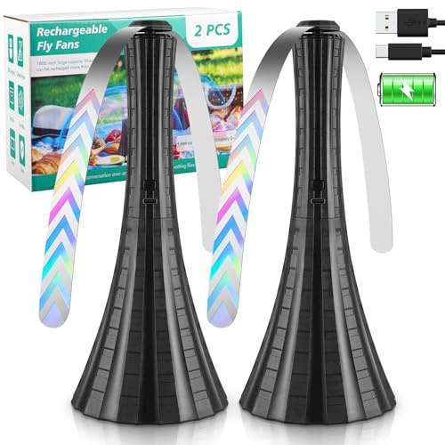Fly Fans for Tables Rechargeable, 1800mah Table Fans to Keep Flies Away by Soft Blades, Fly Repellent Outdoor Patio, Camping Picnic Essentials, BBQ Party Supplies for Food, 2pcs