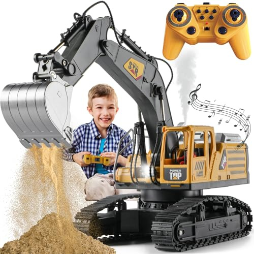 KASQERT 1:14 Remote Control Excavator Toys for Boys,14 Channel RC Digger Construction Toys Tractor,Simulated Smoke, Sound, Lighting, Metal Digging Head, for Boys 6 7 8 9 10 11 12