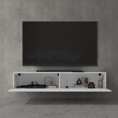 doporro TV Lowboard Schrank mit Gasdruckfedern Fernsehschrank hängend | TV Board mit Klapptür, viel Stauraum, Wand Fernsehtisch in Matt Weiß, Breite: 200 cm, Fernsehschrank02