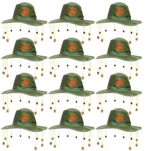 Australian Cork Hat - Green Hat with Orange Kangaroo Print and Attached Corks on Strings - Australia Day Fancy Dress Costume Accessory