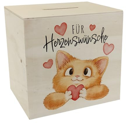 Katze Spardose aus Holz mit Spruch Für Herzenswünsche Ideal für Geburtstag Kater-Liebhaber Haustierfreunde Herzgeschenk für Katzenmenschen