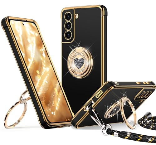XYZ für Samsung Galaxy S21 Hülle mit Band, Herz Doppelring Ständer HandyHülle Handykette Frauen Mädchen Dünn Stoßfeste Anti-Kratzt SchutzHülle für Samsung S21 Case, Schwarz