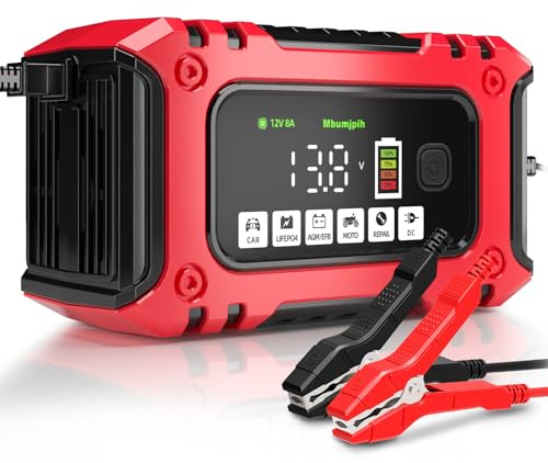 Car Battery Charger, 12V 8A Smart Battery Trickle Charger, Car 12V Battery Maintainer, Desulfurizer with Temperature Compensation for Trucks Motorcycles and Lithium Iron Phosphate Batteries