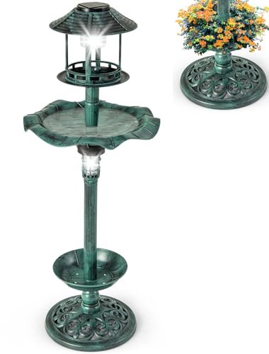 Maxmass Bird Bath Feeding Station, 4 in 1 Birdbath Stand with Feeder, 2 Solar-Powered Lamps, Flower Planter, Fillable Pole & 3 Stakes, Freestanding Bird Hotel Feeder for Garden Yard (Bronze)