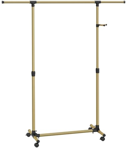SONGMICS Perchero con Ruedas, Burro para Ropa, Altura Ajustable 97-165 cm, Barra Extensible, Ganchos Laterales para Accesorios, Dorado Pálido LLR001A01