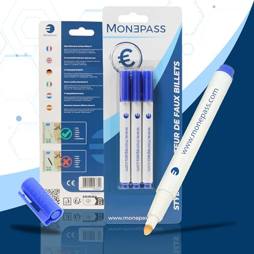 Monepass - Juego de 3 bolígrafos especiales detectores de billetes falsos en euros - Nuevo modelo dedicado al euro para una mayor eficiencia. Detección de billetes falsos