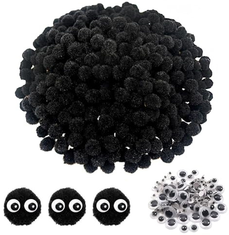 TOAOB 1000 Stück 10 mm Schwarz Pompons zum Basteln Klein Pom Poms | mit Selbstklebend Wackelaugen, Bälle Kunst Bommel für Dekorieren, Verzieren Nähen DIY Lustige Kreativen Handwerk