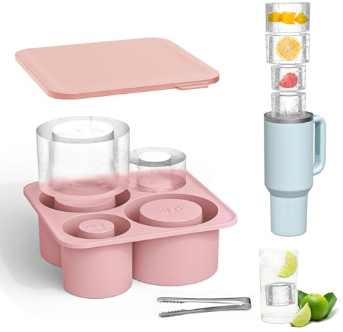 IETWATE Silicone Ice Cube Tray with Lid for Stanley Cup 20-40oz, Round Ice Tray, Hollow Cylinder Ice Cube Trays, 4 in 1 Silicone Freezer Moulds for Cocktails Whiskey Drinks Coffee Juice (Pink)