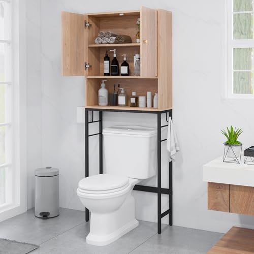 MAT EXPERT Over The Toilet Storage Cabinet, Freestanding Above Toilet Rack with Adjustable Shelf & Bottom Bar, 2 Side Hooks, Space Saving Over The Toilet Shelf for Bathroom, Laundry Room (Natural)