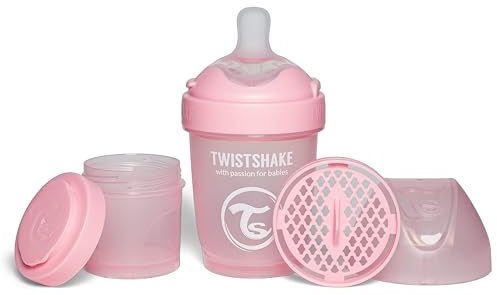 Twistshake Pro Double Anti-Kolik Babyflasche mit Milchpulverbehälter und Mixer - 180 ml | Langsam Fließende, Brustähnliche Brustwarze aus Silikon | BPA-freie | Geeignet für Neugeborene (0+) | Rosa