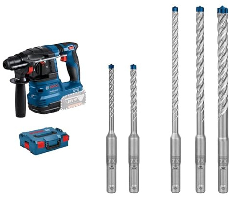 Bosch Professional 18V System Akku Bohrhammer GBH 18V-22 (inkl. L-BOXX, ohne Akku/Ladegerät) + 5x Expert SDS plus-7X Hammerbohrer Set (für Stahlbeton, Ø 5-10 mm)