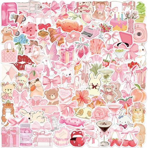 100PCS Pink Coquette Stickers Cute Waterproof Vinyl Aesthetic Stickers Pink Preppy Aesthetic Vinyl Sticker for Girls, Laptop, Water Bottle, Phone, Guitar Decoration