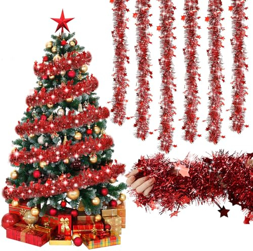 Shyllin Guirnalda de Oropel de Navidad, Paquete de 6 Espumillon Arbol Navidad, Guirnalda Metálica Brillante de 2 m, Adecuada para Navidad, Bodas y Decoraciones de Centros Comerciales (Rojo)