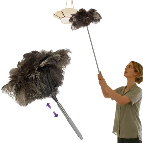NCEDN Genuine Ostrich Feather Duster 40 Inches - Extendable Stainless Steel Handle, 8 Inches Long Thick Feathers, Telescopic Duster for Ceiling Fans, Blinds, Furniture, Car, Washable