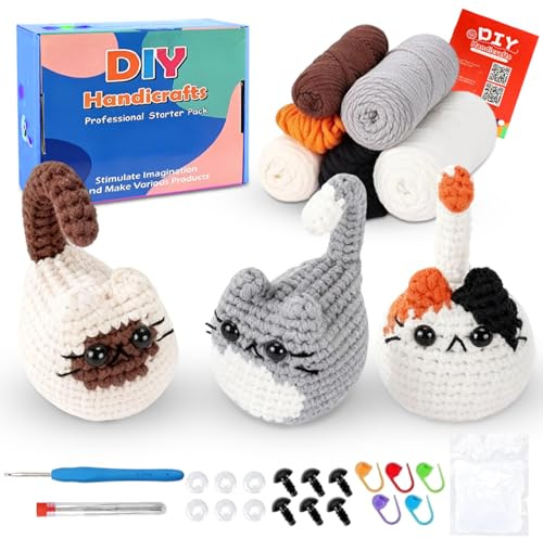 XJJAUGKLY Heckel Set, Häkelset für Anfänger, Erwachsene Kinder Häkelnadel Set für Anfänger, Häkeln Für Anfänger Häkelset Tiere, Crochet Set Schritt-für-Schritt-Videoanleitung, Drei Gehäkelte Katzen