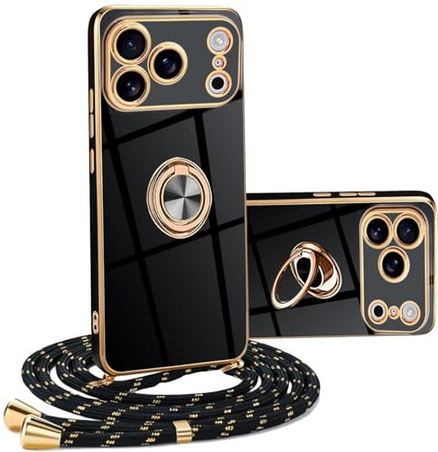 YAMCCCSE Mobiltelefonkedja fodral kompatibelt med band iPhone 17 Pro MAX mobiltelefonfodral med 360 graders ringstativ, lyxigt, galvaniserat, reptåligt skyddshölje, silikon, stötfångare