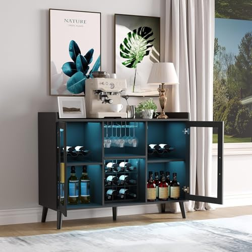 Thaookte Weinschrank Freistehender, Barschrank Mit Led Licht & Glashälter, Weinregalen Für 18 Flaschen Regal, Küchenschrank, Sideboard Esszimmer, Wohnzimmer, Büro, 120x40x90Cm, Schwarz
