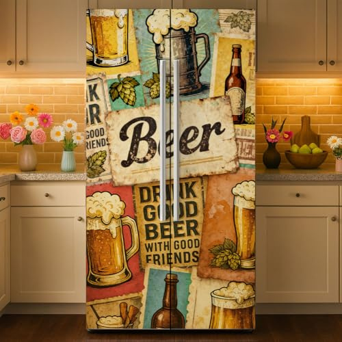 GOMAKERER 2 piezas de película de nevera extraíble con patrón de cerveza vintage autoadhesivo de vinilo adhesivo para puertas de refrigeradores congelador cubierta de panel para cocina decoración de