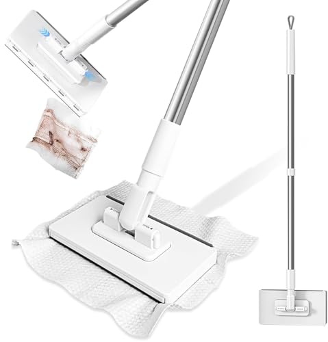 New No-Touch Disposable Dust Mop with 5 Reusable Cloths, Retractable Gap Dust Cleaner Flat Mop with Locking Head , 39 Long Handle Mopping Sweeper Stick for Multi Surface Cleaning