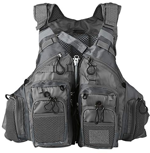 TOMSHOO Fly Fishing Vest for Men Women Adjustable Strap with Mesh Shoulder Pad Multi Pockets for Outdoors Stream Fishing (Grey)