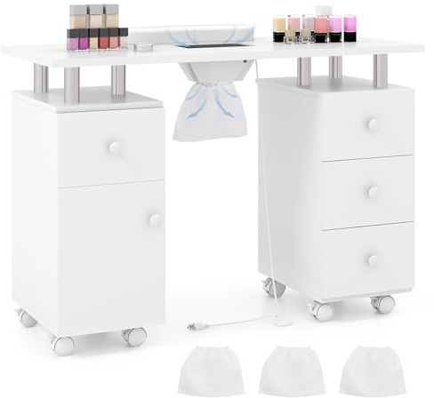 RELAX4LIFE Table de Manucure avec Aspirateur, Table Onglerie à Roulettes avec 4 Tiroirs, Placard, Repose-Main, 3 Sacs à Poussière, Bureau de Manucure pour Prothésiste Ongulaire Salon de Beauté (Blanc)