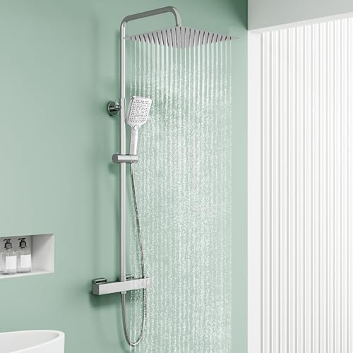 AICA Ensemble de Colonne de Douche Thermostatique pour Salle de Bain, avec pommeau de douche 30x30 cm,Robinet de Douche Thermostatique, Laiton, Chromé, Hauteur Réglable 750 mm-1280 mm (Carré 2)