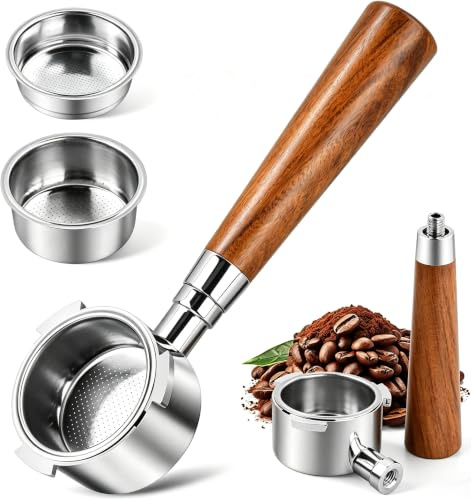 Portafiltro sin fondo de 51 mm con 3 Orejas y 2 Filtro de Acero Inoxidable | Portafiltro de Café con Mango de Madera Maciza, compatible con DeLonghi Dedica EC680/EC685/EC885