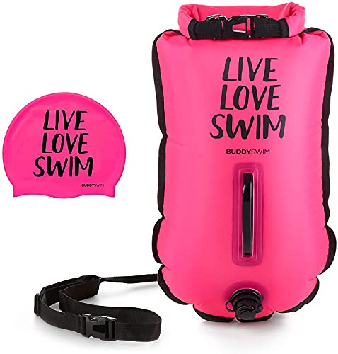 BUDDYSWIM Set Bouée de Natation en Eau Libre 20 litres et Bonnet de Bain. Pochette Etanche pour la Natation en Eau Libre avec Sac Impermeable Etanche et Bonnet de Bain en Silicone. Couleur Rose.
