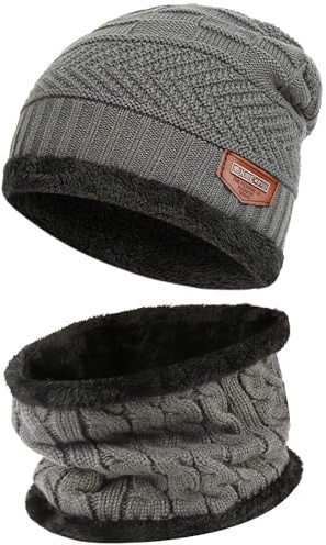 Bequemer Laden Uomo Donna Invernali Cappello in Maglia e Sciarpa con Fodera in Pile, Cappelli e Scaldacollo per Ciclismo, Moto, attività All'Aperto, Taglia Unica, B-Grigio