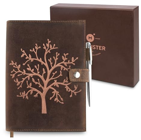 Påfyllningsbar läderjournal, fodrad, MOONSTER® präglat med livets träd, handgjord anteckningsbok i äkta läder för män, med pennhållare, inkluderar premium linjerat A5-papper - silverpenna