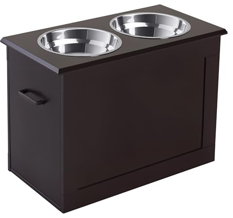PawHut Gamelles Chiens Surélevées Chien Chat 2L 60L x 30l x 41H cm Chocolat | Gamelle Double Chien Chat, Porte-Gamelles Surélevé, 2L, Poignées, Coffre Rangement, Bois