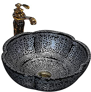 chicstyleme Basin Sink Ceramic Vessels Sink Petal Washbasin Bathroom Vanity Basin Sink with Faucet Retro Countertop Basin 42cm Round Basin