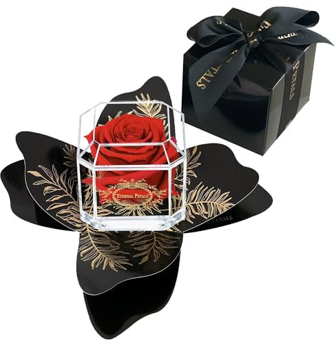 A 100% Real Rose That Lasts Years - Eternal Petals, Handmade in UK – Gold Solo + Gift Wrapping (Red)