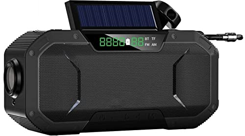 Portable Small Bluetooth Radio, 5000mAh Wind Up Solar Radio, IPX6 Waterproof Rechargeable Emergency Hand Crank Weather Radio with LED Torch Light, SOS Alarm, for Outdoor, Camping ( Color : Black )