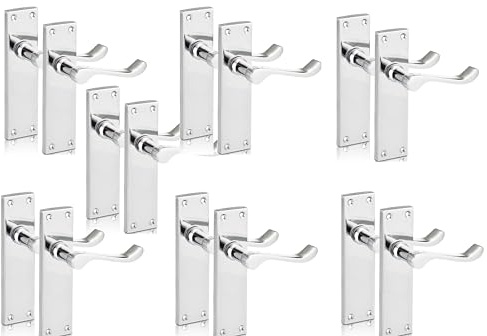Haven Heritage - Victorian Scroll Polished Chrome Door Handles, Internal Door Lock Sets with Latch, Front Door Handle with Lock, Bedroom Locking Handle, Front Door Lock, 150mm Plate (7 Pack)