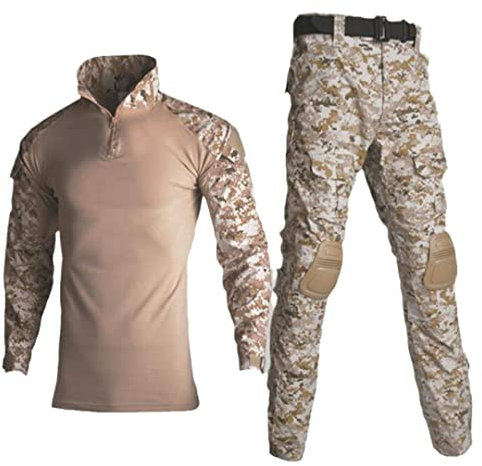 Militär-Uniform Hemd + Hose mit Knie-Ellenbogenschonern, Outdoor-Airsoft, Paintball, taktischer Ghillie-Anzug, Desert Digital, XL