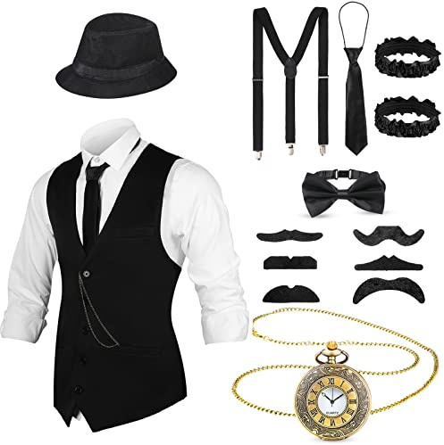 BBTO Jungen 1920er Gangster Kostüm Zubehör Set für Kinder Cosplay Weste Hosenträger Fliege Hut Bart Taschenuhr für Kinder (M)