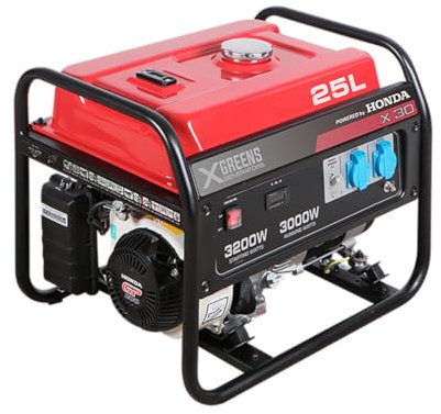 XGREENS Generador de corriente (gasolina) X30 (máx. 3.000W, depósito 25 l, AVR, Powered by Honda, alerta aceite, monofásico, 2 tomas 230V, protección térmica y panel digital)