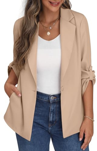 PrinStory Blazer Für Damen Verstellbare Ärmel Longblazer Geschäft Büro Blazer Anzug Sportlich Jack Trenchcoat