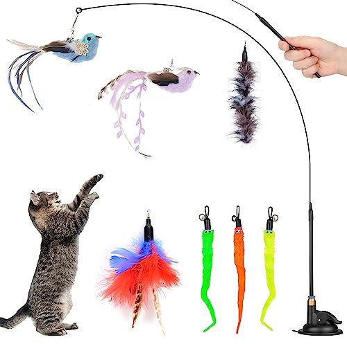 Qoosea Katzenspielzeug Interaktives Katzenspielzeug Federspielzeug Katzenfederspielzeug Katzen Spielzeug Katzenangel Federspielzeug Mit Saugnap Intelligenz Spielzeug für Katzen Katzenspielzeug Set