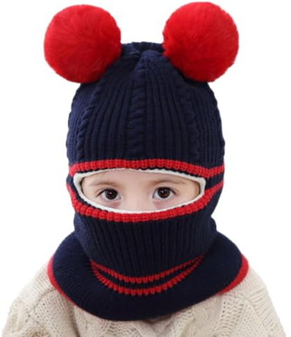 Baby Wintermütze Mütze und Schal Set Bommelmütze Strickmütze mit Pompom Kinder Schalmütze Fleecefutter Strickmütze Thermische Kapuzenschal für Jungen Mädchen 2-5 Jahre