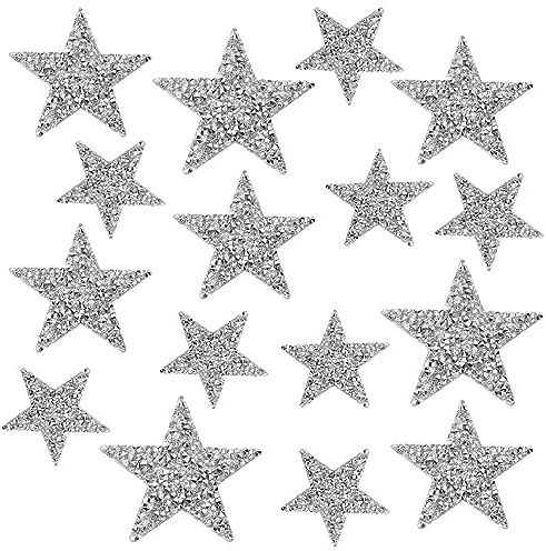 Lowats Strass Star Applikation 16 Stück Stern Aufnäher Applikation Star Applikation Bügelbilder Glitzer Patches Silber Aufbügler Strass Stern Aufbügelbilder Aufkleber Stern Patches zum Aufbügeln