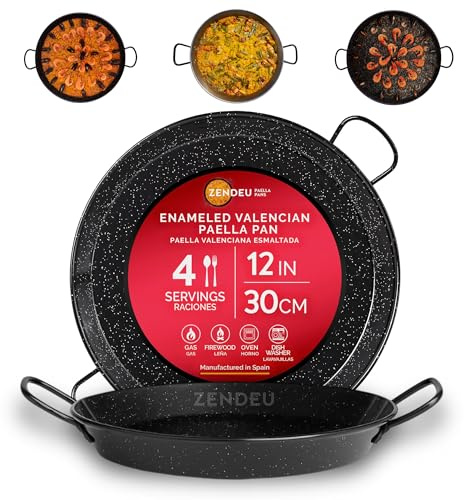 ZENDEU Paella-Pfanne aus Spanien – authentische Paella-Pfanne aus emailliertem Karbonstahl, groß 30 cm, traditionelle Paellera, hergestellt in Spanien, langlebige emaillierte Paella-Pfannen für 4