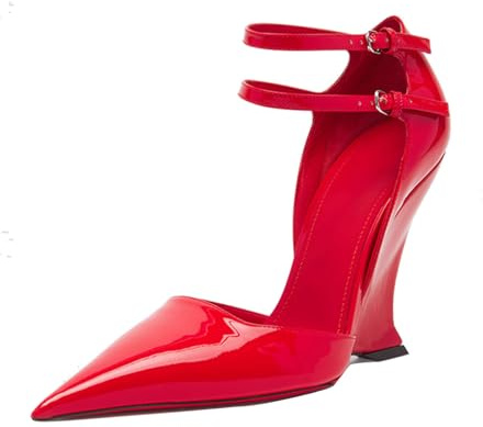 Goolita Pointed Closed Toe Wedge Heels for Women, Sexy Patent Leather Buckle Strap Office Dress Pumps Shoes Red