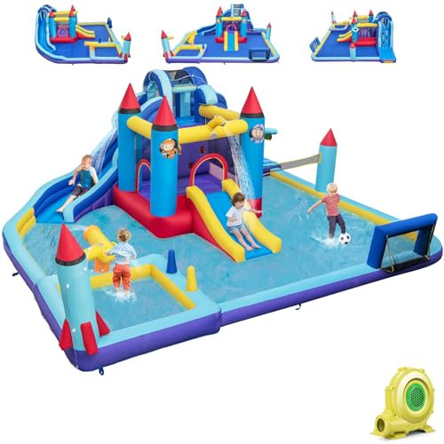 DREAMADE 8-in-1 Aufblasbare Hüpfburg mit 2 Wasserrutschen und Spielbecken, Wasserpark Hüpfburg mit Wasserpistole & Fußballtor & Basketballkorb & Kletterrampe, für Kinder ab 3 Jahren (mit 850W Gebläse)