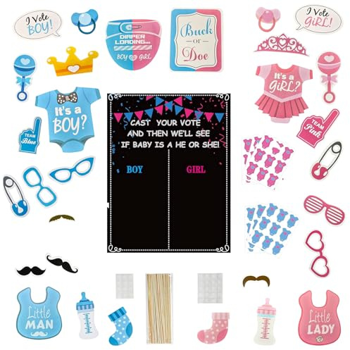 PIMXL 85 Pcs Gender Reveal Party Deko, Geschlecht Verkünden 1 Stück Abstimmung Poster 54 Stück Offenbaren Aufkleber und 30 Stück teilige Foto-Requisiten für Enthüllung Party Baby Shower Babyparty