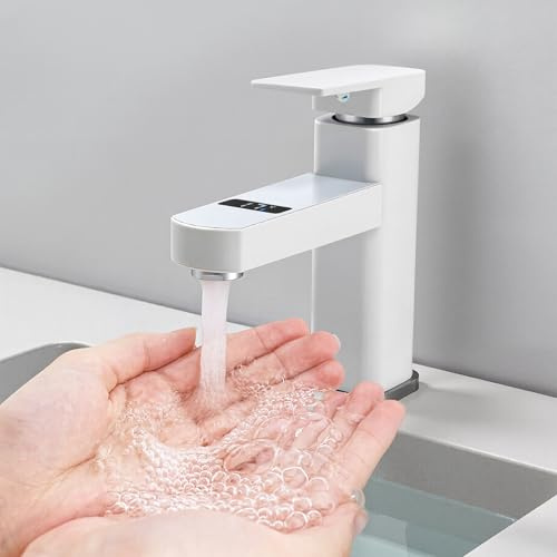 MIKIYUEER Digitale Wasserhahn mit LED Temperaturanzeige, Bad Waschtisch Mischbatterie Einhebel,Modernes Design aus Rostfreier Stahl, Deck Mount Installation, Keramikspule, 0-99°C Anzeige (Weiß)